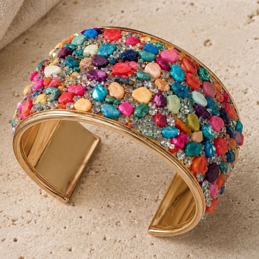 Confetti Rainbow Gemstone Wide Cuff Bracelet Gold Tone